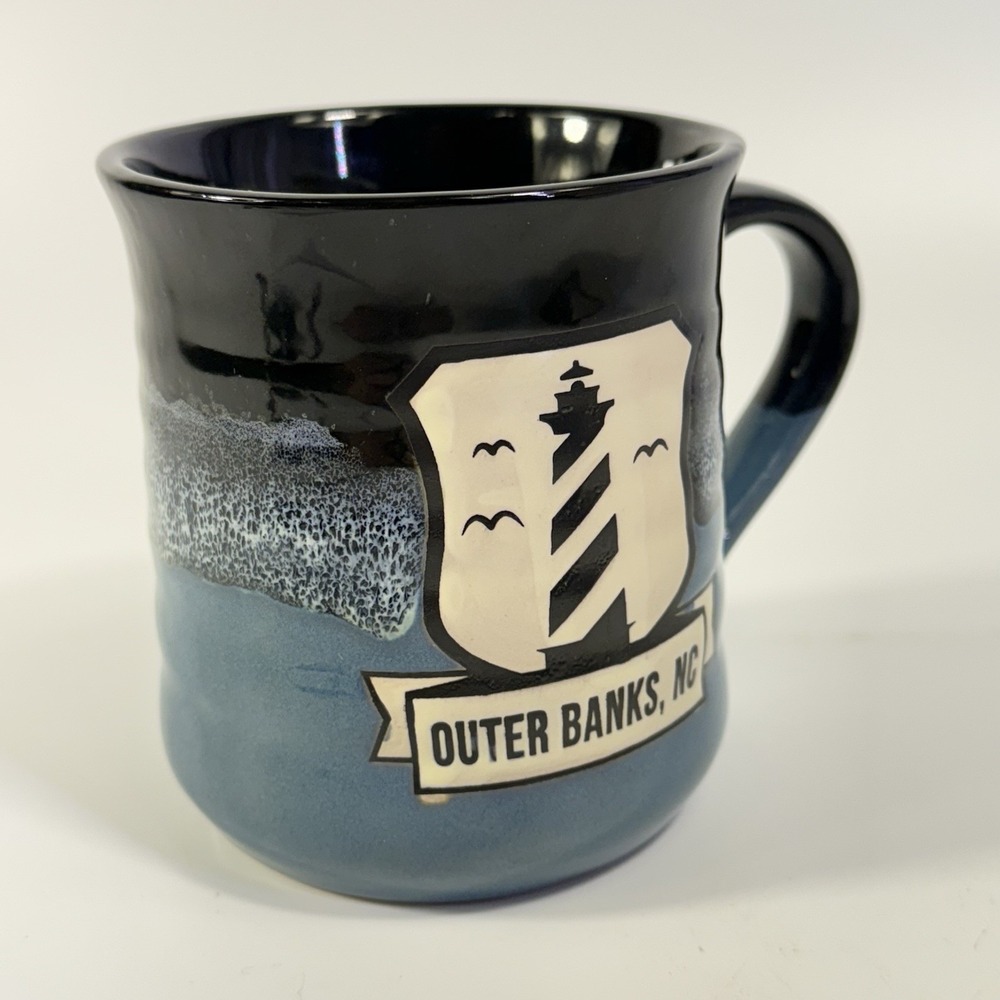 Outer Banks NC Pottery PCF Souvenir Mug Lighthouse 2 Tone Drip Glaze Large - Picture 6 of 11